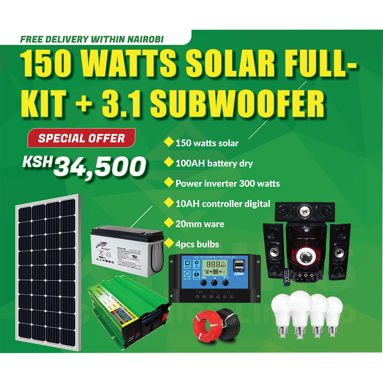 150 WATTS SOLAR FULLKIT + 3.1 SUBWOOFER - Skyniks