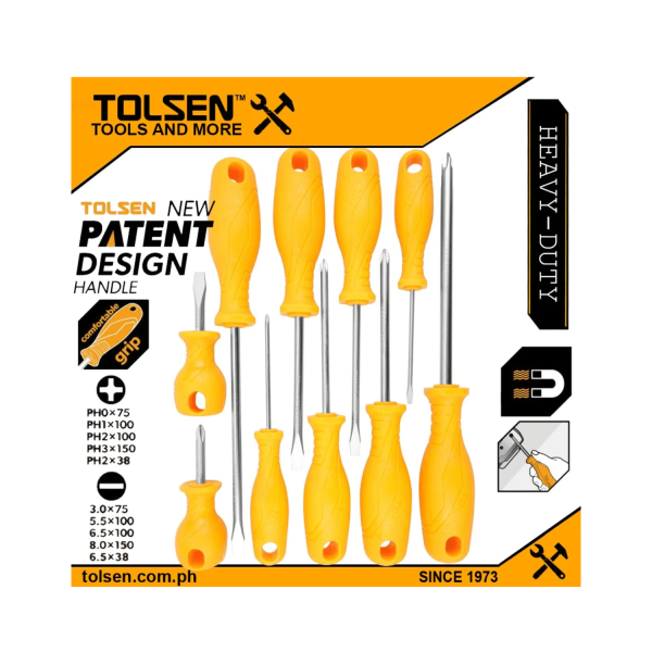 Tolsen 10pcs Screwdriver Set (SL3.0 , PH0 x 75mm | SL5.5 , PH1 x 100mm | SL6.5 , PH2 x 100mm | SL8.0 , PH3 x 150mm | SL6.5 , PH2 x 38mm) Anti Slip Function