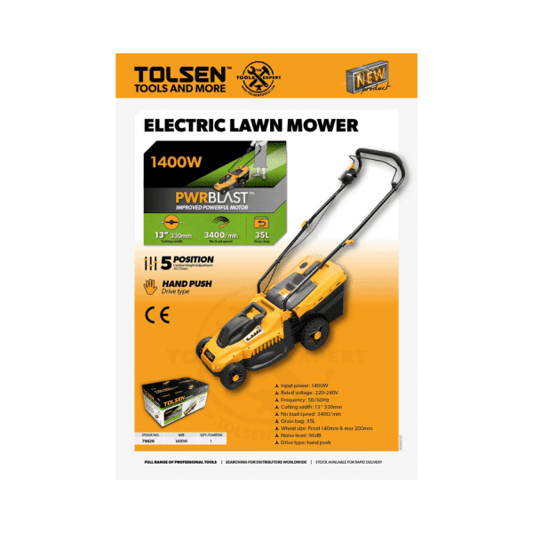 Tolsen Electric Hand Push Lawn Mower 35L Grass Bag (1400 Watts) 79626 - Image 2