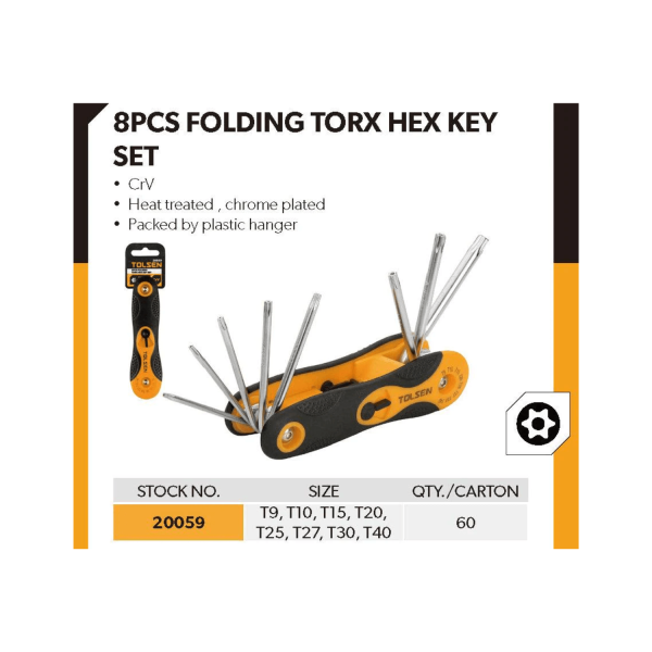 Tolsen 8Pcs Folding Torx Star Allen Hex Key Set (T9/T10/T15/T20/T25/T27/T30/T40) 20069 - Image 4