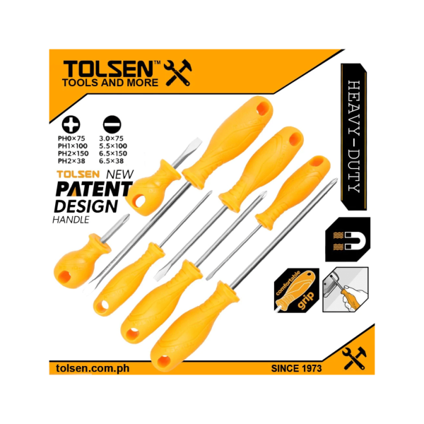 Tolsen 8pcs Screwdriver Set (SL3 , PH0 x 75mm | SL5.5 , PH1 x 100mm | SL6.5 , PH2 x 150mm | SL6.5 , PH2 x 38mm) Anti Slip Function 20739