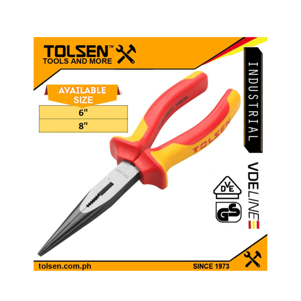 Tolsen VDE Insulated Long Nose Pliers 1000V (6" | 8") Premium Line VDE, GS Certified