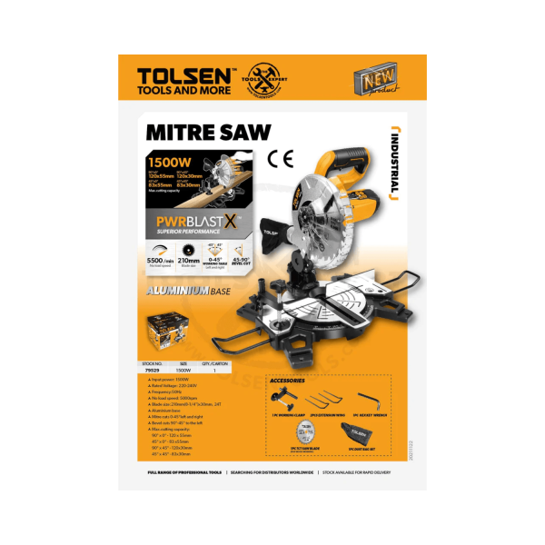 Tolsen Heavty Duty Mitre Saw w/ 5 Free Accessories (1500Watts) PWRBLAST X - Image 2