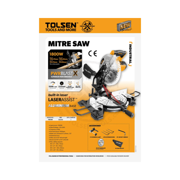 Tolsen Industrial Mitre Saw w/ Laser Assist (1800Watts) Free 5pcs Accessories PWRBLAST X - Image 2