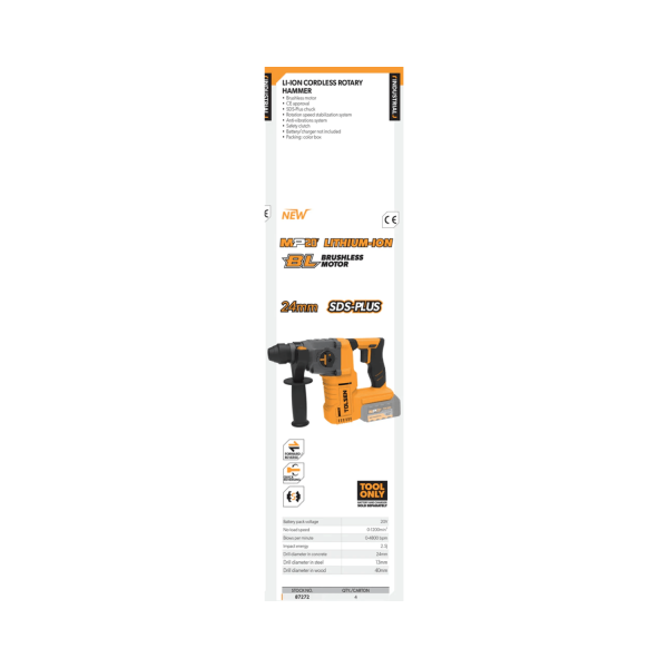 Tolsen LI-ION Brushless Cordless Rotary Hammer Drill SDS+ (All in One 20V Battery) CE Approved 87272 - Image 4