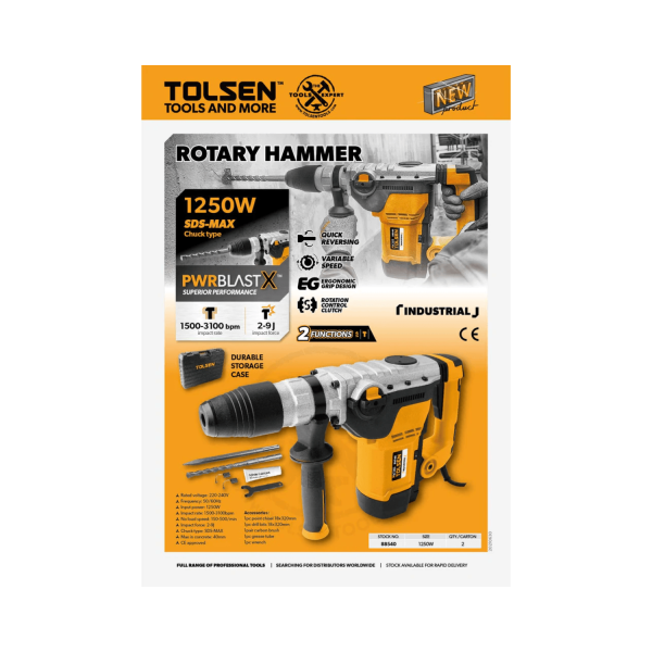 Tolsen Industrial SDS-MAX Rotary Hammer w/ 7pcs Accessories (1250Watts) PWRBLAST X - Image 2