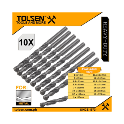 Tolsen 10pcs HSS Twist Drill Bit (1 | 2 | 4.8 | 5.5 | 7 | 7.5 | 8.5 | 9 | 10.5 | 11 | 11.5 | 12 | 13 | 14 | 16mm) For Metal