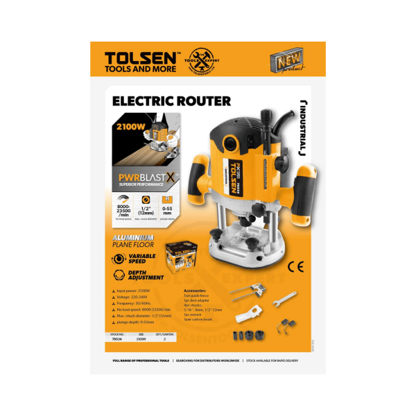 Tolsen Industrial Electric Router Trimmer w/ Free 8 Accessories (2100W) PWRBLAST X 79534 - Image 2