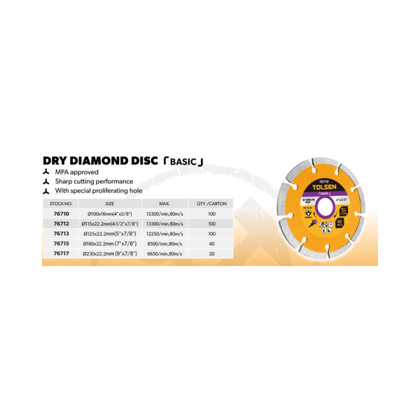 Tolsen Segmented Dry Diamond Cutting Disc (4" | 4.5" | 5" | 7" | 9") Tile Cutting - Image 5