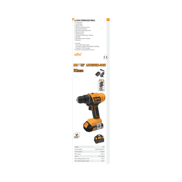 Tolsen LI-ION Cordless Drill 10mm w/ 2 Battery & Tool Bag (All in One 20V Battery) CE Approved 87212 - Image 4