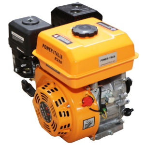 POWER ITALIA R250: Engine Type: 4-stroke, OHV (Overhead Valve) gasoline engine Horsepower: 7.5 HP Displacement: 250cc Compression Ratio: 8.5:1 Cooling System: Air-cooled Lubrication System: Dry sump