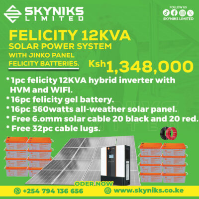 FELICITY 12KVA SOLAR SYSTEM WITH JINKO PANELS AND FELICITY BATTERIES.